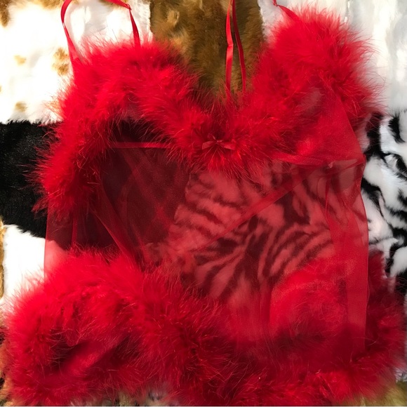 Romantic Sheer Babydoll Feather Fuzzy Fur Trim Chemise Camisole Lingerie Top - Picture 5 of 6